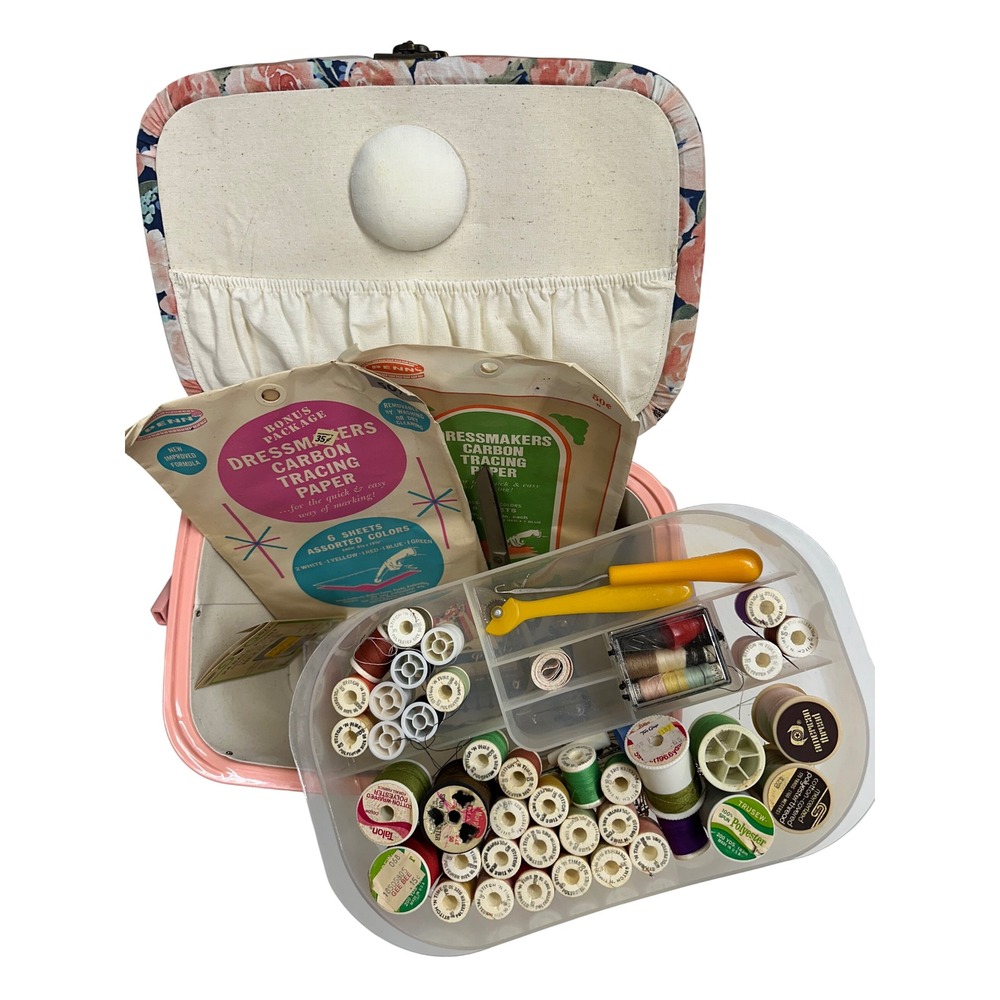 VTG Sewing Basket Box Pink Floral Fabric Organizer With Thread Notions Kit Tools
